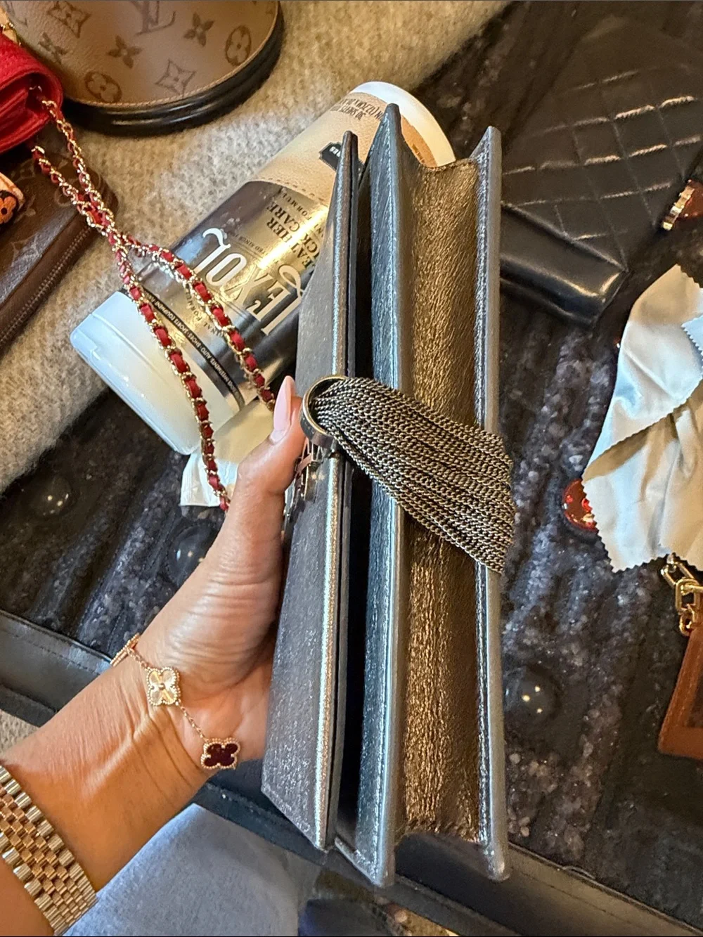 Saint Laurent Metallic Silver Tassel Monogram Clutch
